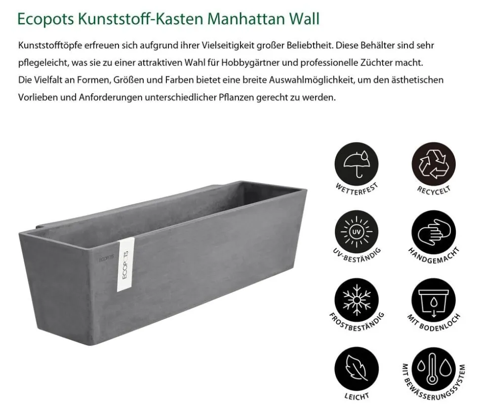 Ecopots Kunststoff-Kasten Manhattan Wall mit Wassersystem, rechteckig
