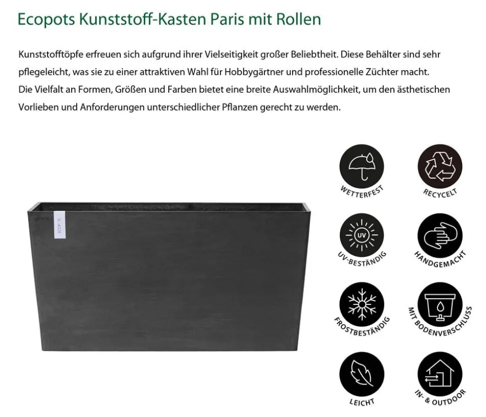 Ecopots Kunststoff-Kasten Paris mit Rollen, rechteckig