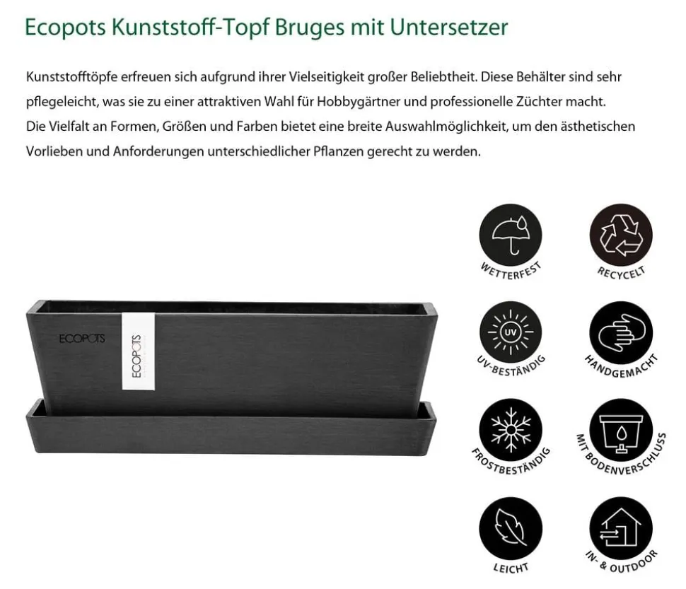 Ecopots Kunststoff-Topf Bruges mit Untersetzer, rechteckig