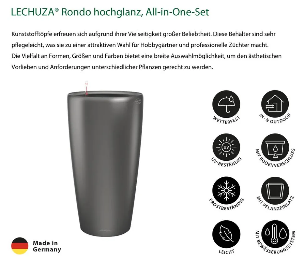 LECHUZA® Rondo hochglanz All-in-One-Set anthrazit metallic, 15743